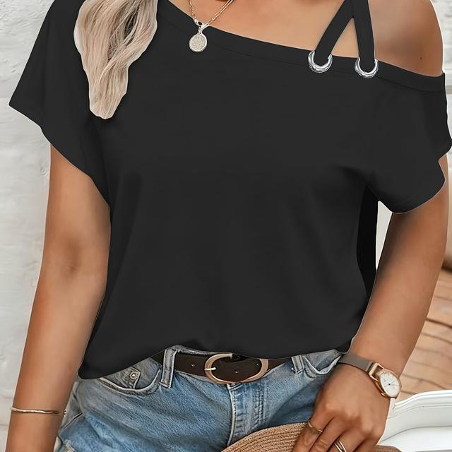 TEMU Plus Size - Plus Size Women' The Shoulder T-shirt With Asymmetrical Design | Elegant Style, Medium Stretch Fabric, Ideal For Spring/summer/fall