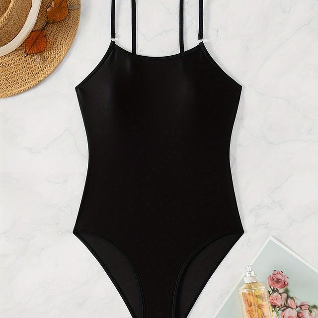 TEMU Maillot de bain pour femme 1 pièce, couleur unie, bretelles fines avec anneau de , dos nu