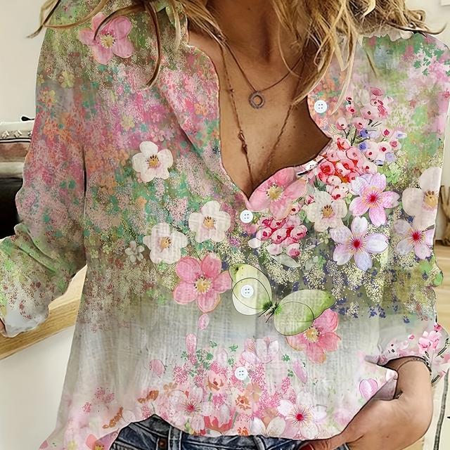 TEMU Day Women's Fashion Floral Print Long Sleeve Turned Collar Shirt