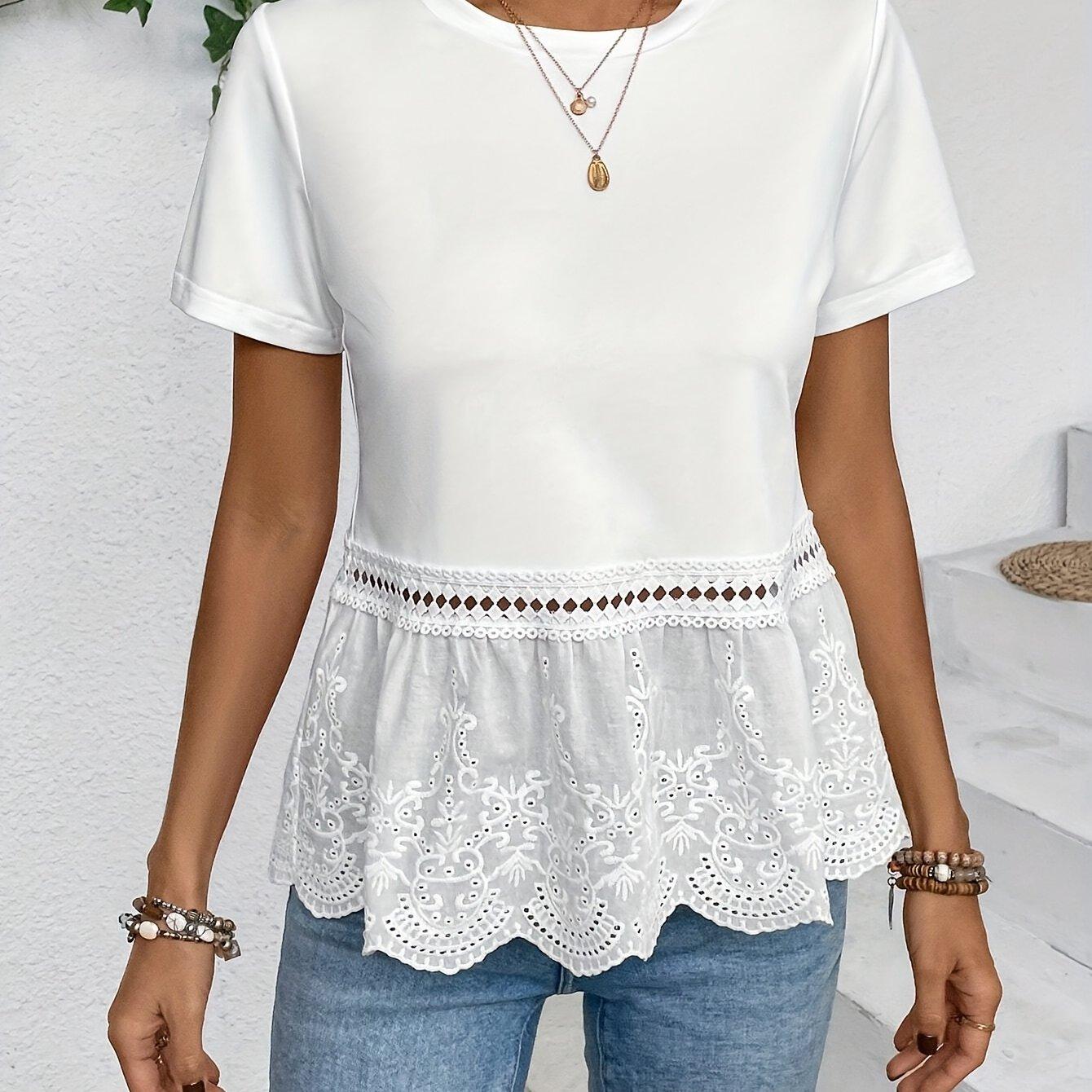 TEMU Women' Color Short Sleeve T-shirt With Embroidery And Lace Trim