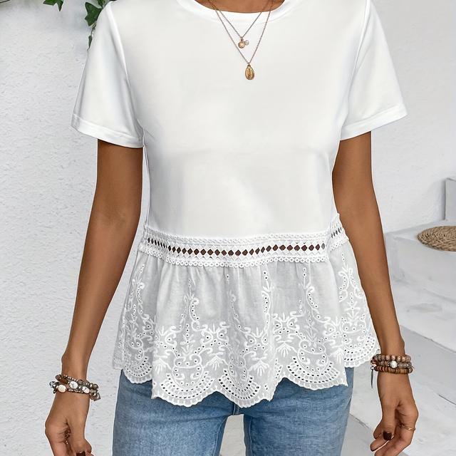 TEMU Women' Color Short Sleeve T-shirt With Embroidery And Lace Trim