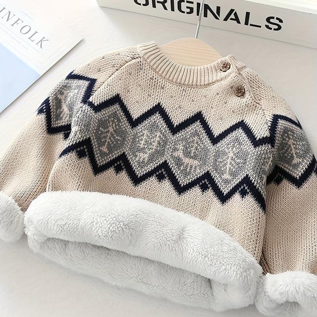 TEMU Unisex Kinderpullover im ethnischen Stil mit Rentier- Weihnachtsbaum-Muster im Rautendesign, mit Schulterklammer, gefüttert verdickt gestrickt, für Jungen Mädchen