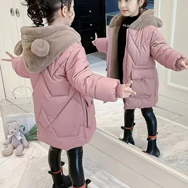 TEMU Winter Trench Coat, Thick And Loose-fitting Hooded Jacket, Warm Fiber Outerwear, Designed With Panda Ears