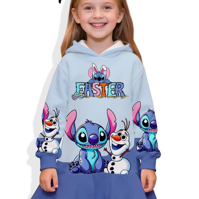 TEMU فستان هودي بقلنسوة مطبوع بالكامل بتصميم ديزني ستيتش وبرجل الثلج، فضفاض وعصري | مناسب للخروج واللعب في والشتاء، تصميم كرتوني لطيف، كم طويل، بقلنسوة، طول يصل إلى الركبة