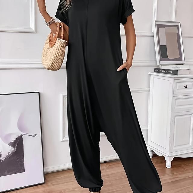 TEMU Stilfullt Enfärgat Pyjamas-set med Rund Halsringning och Kortärmat Långbyxor för Kvinnor