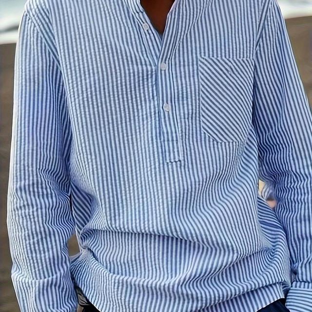 TEMU Men's Striped Half-open Cardigan With A Stand Collar, Button , Perfect For Casual , Long-sleeve Shirt