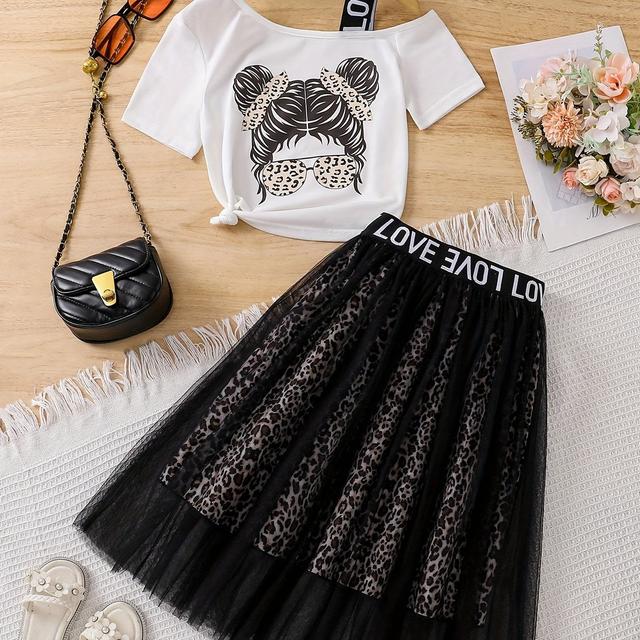 TEMU Ensemble T-Shirt Manches Courtes Imprimé Y2K et Jupe en à Motif Léopard avec Bandoulière Croisée pour Filles, Tenue d'Été pour l'Extérieur