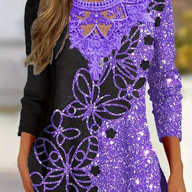 TEMU Camiseta de Talla Grande para Mujer con Encaje y Cuello Redondo - Top Casual de Manga Larga y Elástico con Estampado de , Lavable a Máquina en y Morado, Moda Cómoda para /Otoño