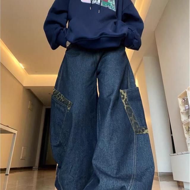 TEMU Jeans デニム パンツ レディース ヴィンテージ レオパード パターン パッチワーク ジーンズ ルーズ ボディ シェイピング スリムニング ワイド パンツ 大きな ポケット 春 夏 秋 春 夏 通勤 アウトドア