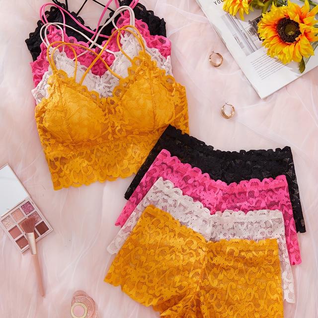 TEMU 4-teiliges, mehrfarbiges, sexy Camisole- und Boyshorts-Dessous-Set mit Spitze