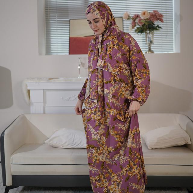 TEMU Size Floral Print Maxi Dress With Integrated Hijab - Rayon, Machine Washable, Non-stretch Fabric For Women