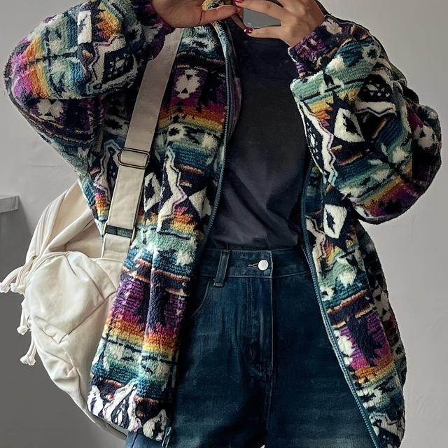 TEMU Women's Vibrant Tie-dye Jacket - Colorful Geometric Pattern, Long Sleeve, Button-, Lightweight & Stylish For Fall/winter, Casual Outerwear | Geometric Pattern Jacket | Durable Outerwear