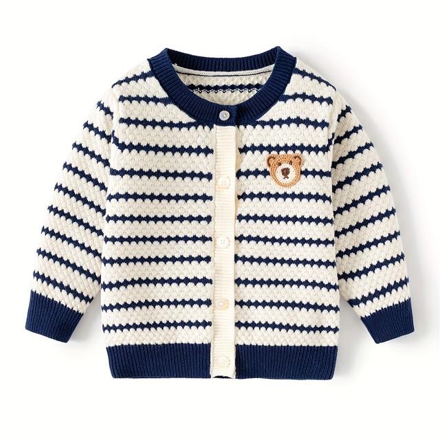 TEMU Entzückender Blau-Weiß Gestreifter Strickcardigan für Jungen und Mädchen