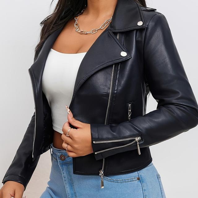 TEMU Women's Chic Leather Biker Jacket - Beige, Long Sleeve, Zipper Front, Pockets, Skinny Fit, Spring/fall Fashion, Casual Attire Jacket|chic Casual Jacket|zippered Jacket