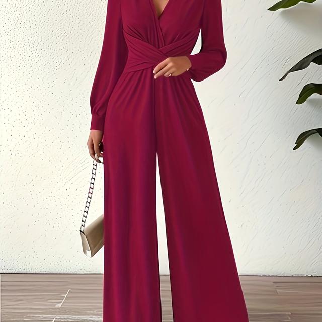 TEMU Women's New Old Money Style Long Sleeve Spaghetti Strap V-neck Waist Elegant Jumpsuit, Suitable For Workplace Dates And More