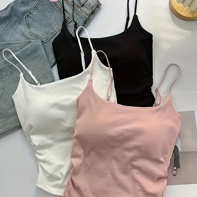 TEMU 3 шт. Французький складчастий топ на бретелях, регульовані бретелі з вбудованими вкладишами для бюстгальтера, еластична тканина, нейлоновий спандекс, для шарування або носіння окремо, , , рожевий