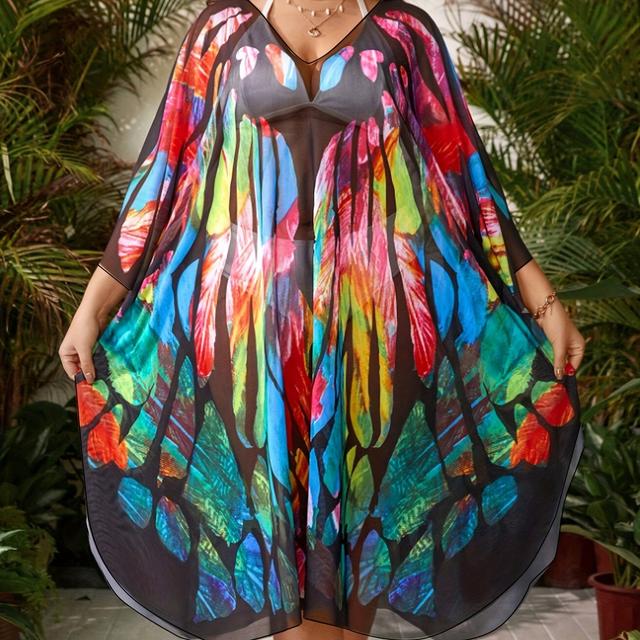 TEMU Plus Size V Neck Print Cover Up |, High Stretch Fabric, Elegant Mature Style For Music Party, Beach Party, Vacation