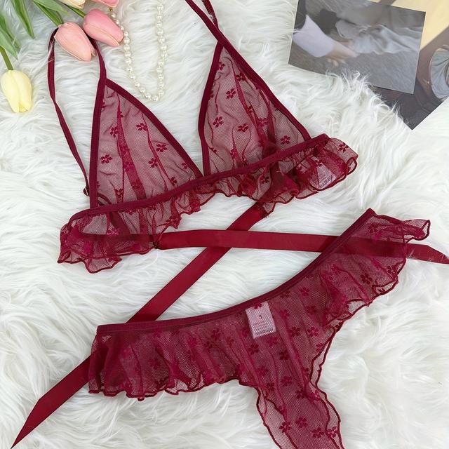 TEMU Sexy Burgundy Sheer Mesh Floral Lace Lingerie Set, Ruffle Trim Bralette & Panty, Romantic Deep V For Women