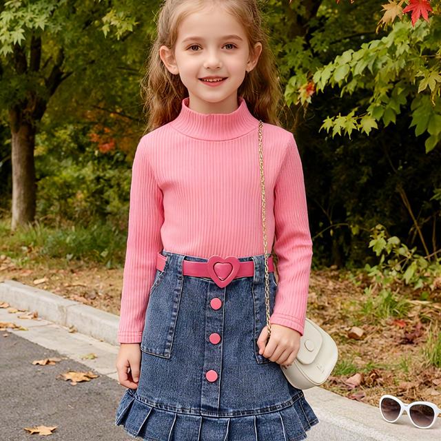 TEMU The Adorable Multicolored Turtleneck Top Features Multiple Buttons And Is With A Pleated Skirt In Contrasting Colors, Complete With A Heart-shaped Belt