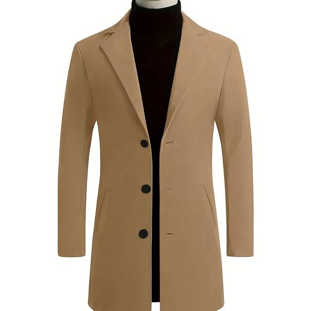 TEMU 1pc Men's Fall/winter Polyester Coat - 100% Solid Color Long Sleeve Lapel Work Jacket With Button Details, Non-stretch Woven Fabric, Regular Fit