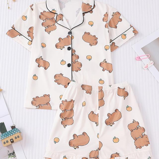 TEMU Tanyun Capybara Kids' Pajamas For Girls, New 2026 Retardant Lightweight Short Sleeve Shorts 2pcs Set, Unisex Children's Outerwear Homewear 2pcs Set