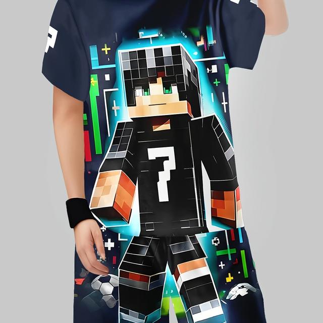 TEMU Boys Suit Printed Casual Pullover Short Sleeve Shorts T Sweatshirt, Boysoutdoor T-shirt Shorts Set, For Outdoor