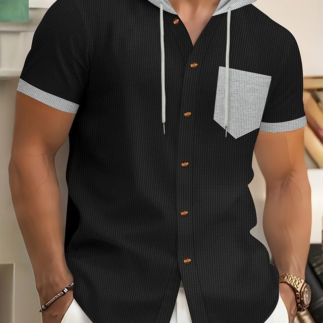 TEMU Men's Lightweight Summer Hooded Shirt - Casual, Loose Fit, Solid Color With Contrast Piping, Button-up Chest Pocket, Ideal For Beach, Camping, Gym, Casual Summer Wear| Shirt|lightweight Fabric
