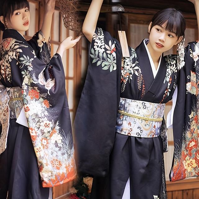 TEMU 日本風スタイルの着物ユカタ - 美しい手描きの枝模様と紅葉の肖像画が施された長袖女性用着物 伝統的な和風着物 日本の芸者ユカタ 花柄フォーブ 大人用メイクアップ