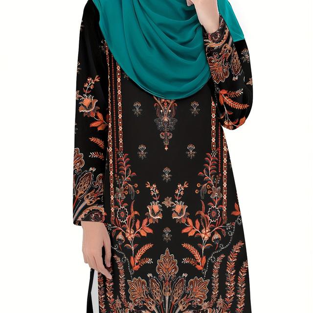 TEMU Elegant Modest Women's Floral Print Blouse - 3d Paisley & Floral Pattern, Long Sleeve, Round Neck With Side Slit, /brown, Office Or Casual Wear, Top | Paisley Pattern Top | Polyester Fabric