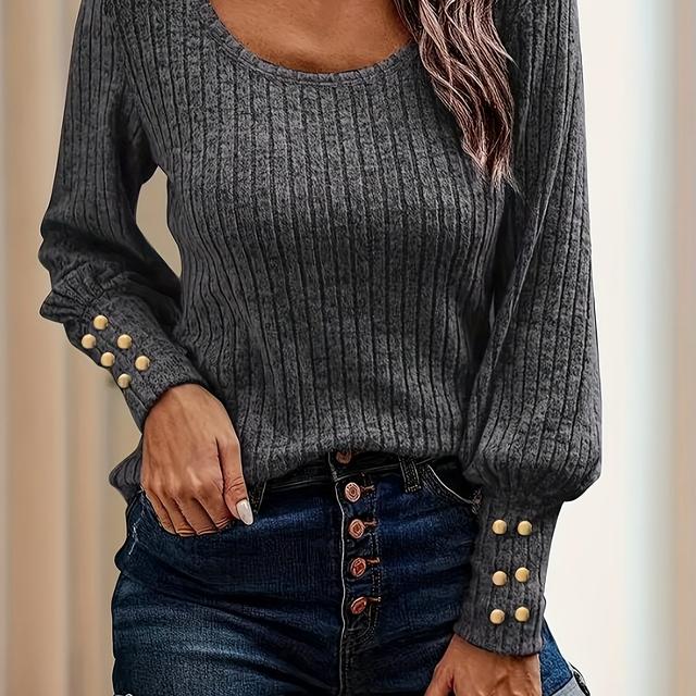 TEMU 플러스 사이즈 - 플러스 사이즈 - 여성 가을/겨울 상의, 단색 버튼 라운드넥 긴팔 스웨터, 여성 의류