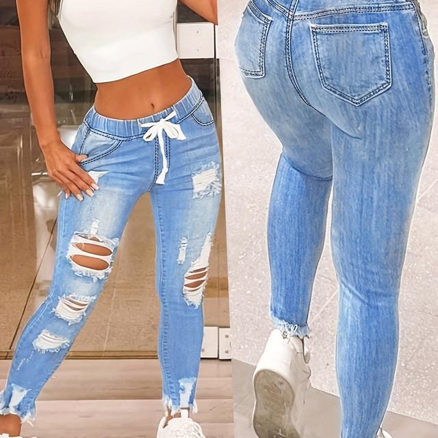 TEMU Women's High-waist Stretch Denim Jeans With Drawstring Waist & Ripped Details - Slim Fit Casual Long Pants For Casual Attire, High Waisted Jeans, Fashionable Streetwear,