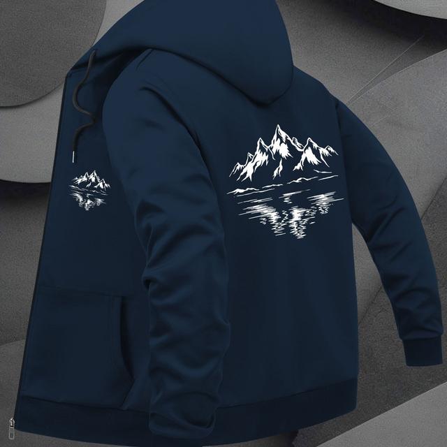 TEMU Herren Stilvoller Navy-Blau Kapuzenjacke mit Bergdruck - Lässige Reißverschluss-Oberbekleidung, Polyester-Futter und , Lässige Outdoor-Kleidung | Bergdruck-Jacke | Reißverschluss-Jacke
