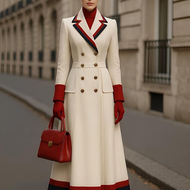 TEMU Modischer Trendfarben-Block French Style Metall-Doppeltbreasted Langliner