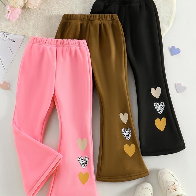 TEMU Herbst- Winter 3er-Pack Leopardenmuster Süße-Herzen-Muster Freizeithosen in Unifarben für Mädchen, für Draußen