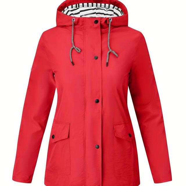 TEMU Women's Lightweight Hooded Windbreaker Jacket - Vibrant Red With Black Striped Hood, Zip-up Front, Side Pockets, And Adjustable Drawstring For Fall/winter Outdoor, , Durable Fabric