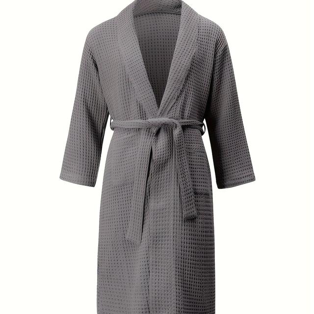 TEMU High-- Solid Color Waffle Long Sleeve Bathrobe, Pure Absorbent Breathable Soft Robe, 150g/m², Thin Style Suitable For Spring Summer Fall Use