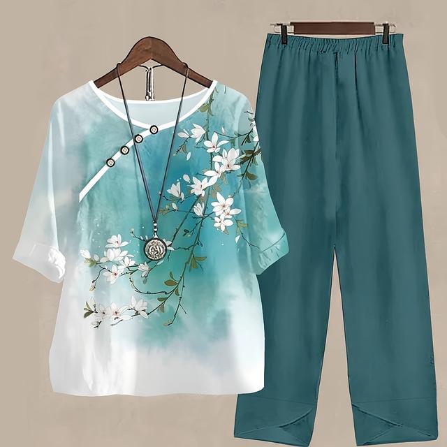 TEMU Women's Floral Print T-shirt And Pants Set, 100% Polyester Knit Fabric, Crew Neck With Button Detail, Casual Fashion Suit For All