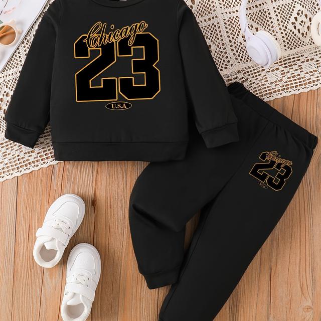 TEMU Baby Boy Round Neck Long Sleeved Size 23 Digital Pattern Top Simple Long Pants Two-piece Set Suitable For Casual Sports And Autumn