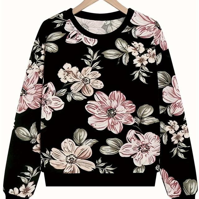 TEMU 1pc Women's Floral Print Pullover Sweatshirt, Casual Round Neck Long Sleeve Knitwear, Polyester Blend With Spandex, Regular Fit, For Autumn/ Top