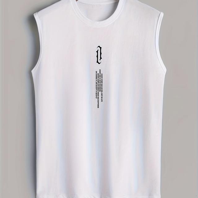 TEMU Camiseta Sin para Hombre - Blanca con Estampado de Negras, Cuello , No Transparente, Ropa Deportiva , Lavable a Máquina