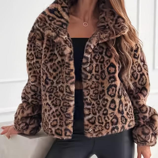 TEMU Chaqueta de visón sintético de larga y corte holgado con estampado de leopardo para mujer, estilo moderno