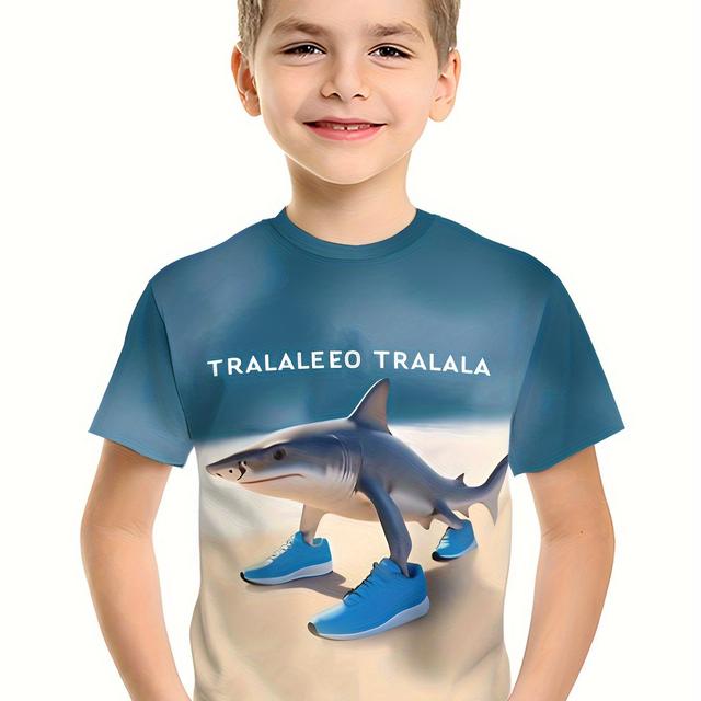 TEMU ' 3d Shark In Sneakers Graphic T-shirt - Tralaleo Tralala Text, Stretchy Knit Fabric, Lightweight Summer Tee For Casual Playwear, Print, , ' Clothing, Fashion