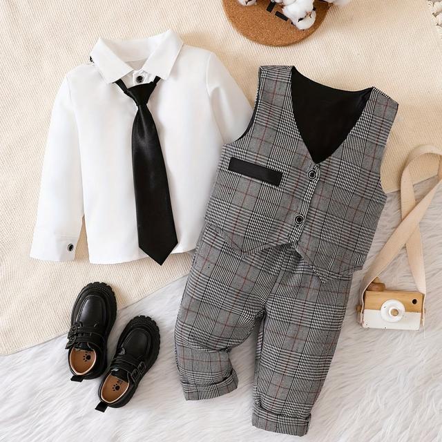 TEMU بدلة صبي أنيقة، سترة ربطة عنق وقميص وسترة أنيقة مربعات وبنطلون 3 قطع، بدلة رسمية لحفلات أعياد ميلاد الأولاد