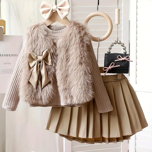 TEMU Little Girl' Color Fuzzy Sweater With Long Sleeve Top And Skirt Three-piece Set P100914