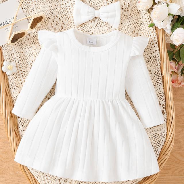 TEMU Een puur witte jurk met lange mouwen voor babymeisjes, samen met een hoofddeksel