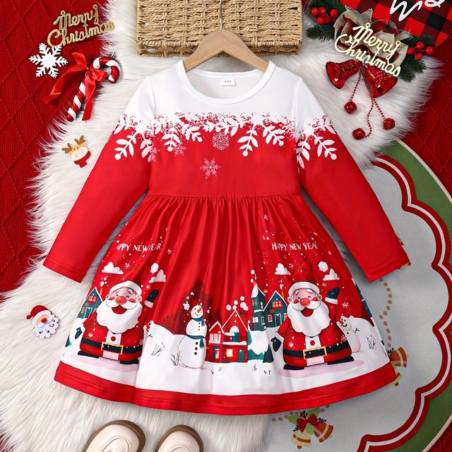TEMU Girls' Christmas Long-sleeve Dress With A Round Neck, Featuring A Stretchy Fabric And A Santa Claus Snowflake Print