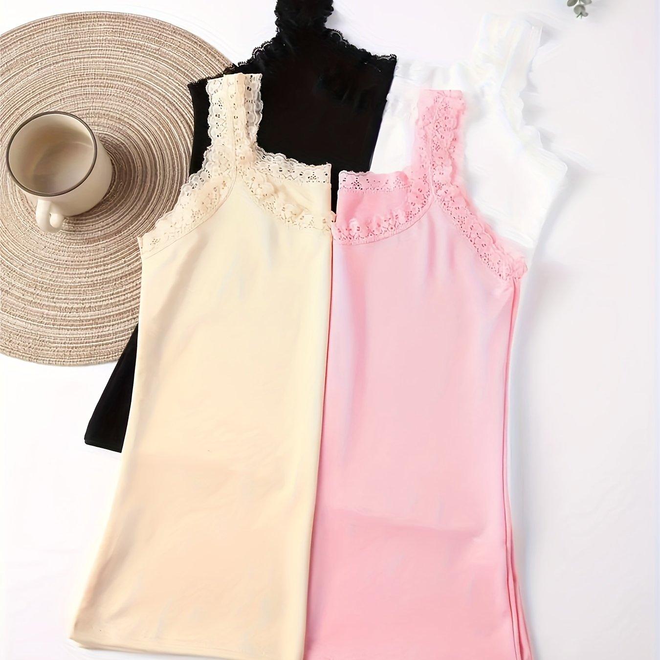 TEMU 4pcs Solid Lace Trim Vest Top, Simple Elastic Breathable Tank Top, Women's Lingerie & Underwear