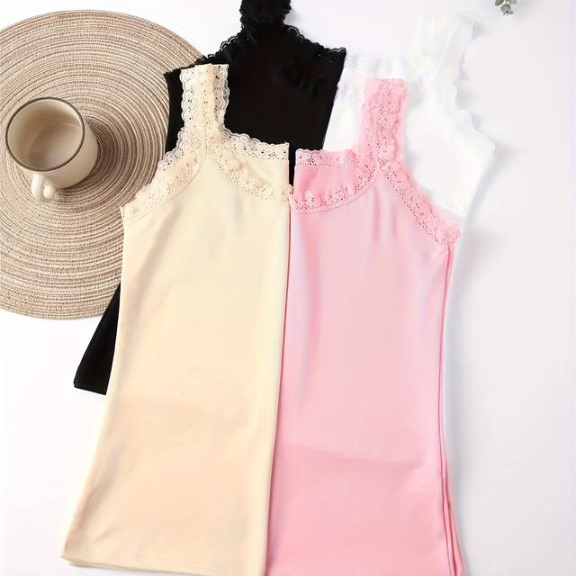 TEMU 4pcs Solid Lace Trim Vest Top, Simple Elastic Breathable Tank Top, Women's Lingerie & Underwear