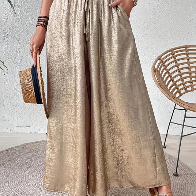 TEMU Plus Size - Plus Size - Plus-size Women's Vacation Casual High-waisted Metallic Wide-leg Pants