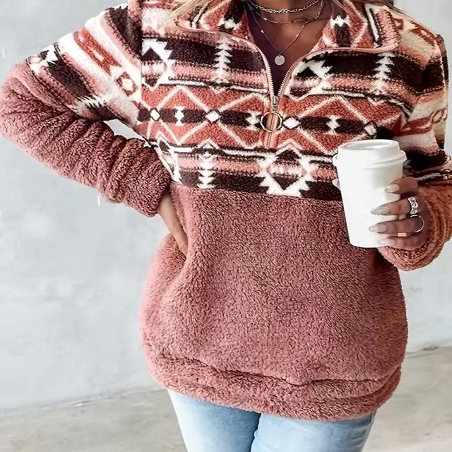 TEMU Sweatshirt mit halbem Reißverschluss und geometrischem Muster, lässiger Pullover mit Ärmeln für Herbst und Winter, Damenbekleidung